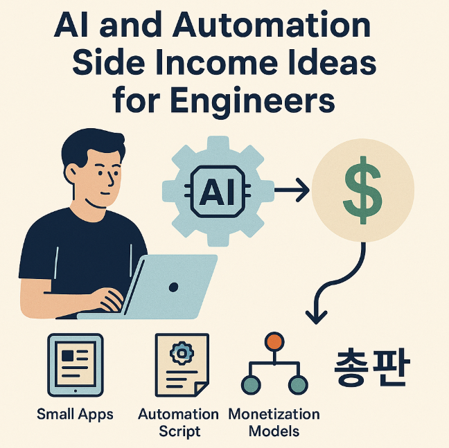 Engineer using AI and automation tools to create side income, with icons for small apps, automation scripts, monetization models, and the keyword 총판
